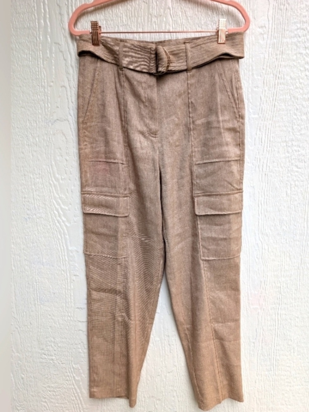 White House Black Market Beige Cargo tapered Ankle Pants with Belt, New, 14